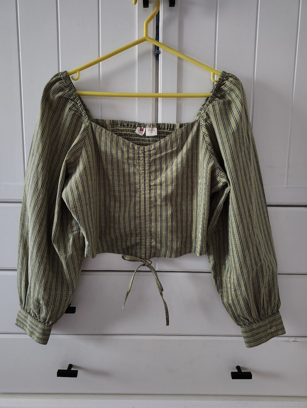 LEVIS Striped Olive Green Puff Sleeve Cropped Top M
